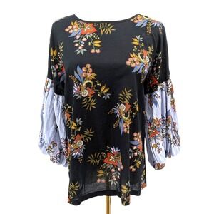 Loft Floral Boho Blouse Cotton Balloon Sleeve Black Peasant Top Size S